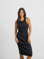 Amelia | Elegant Black Pleated Midi Summer Dress - HoneyvineDress