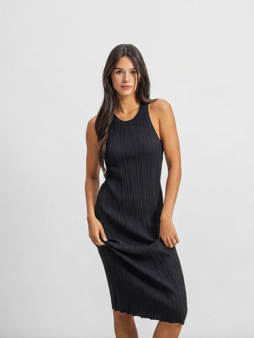 Amelia | Elegant Black Pleated Midi Summer Dress - HoneyvineDress