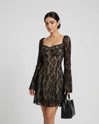 Hailey | Dramatic Sheer Black Floral Lace Gothic Mini Dress - HoneyvineDress