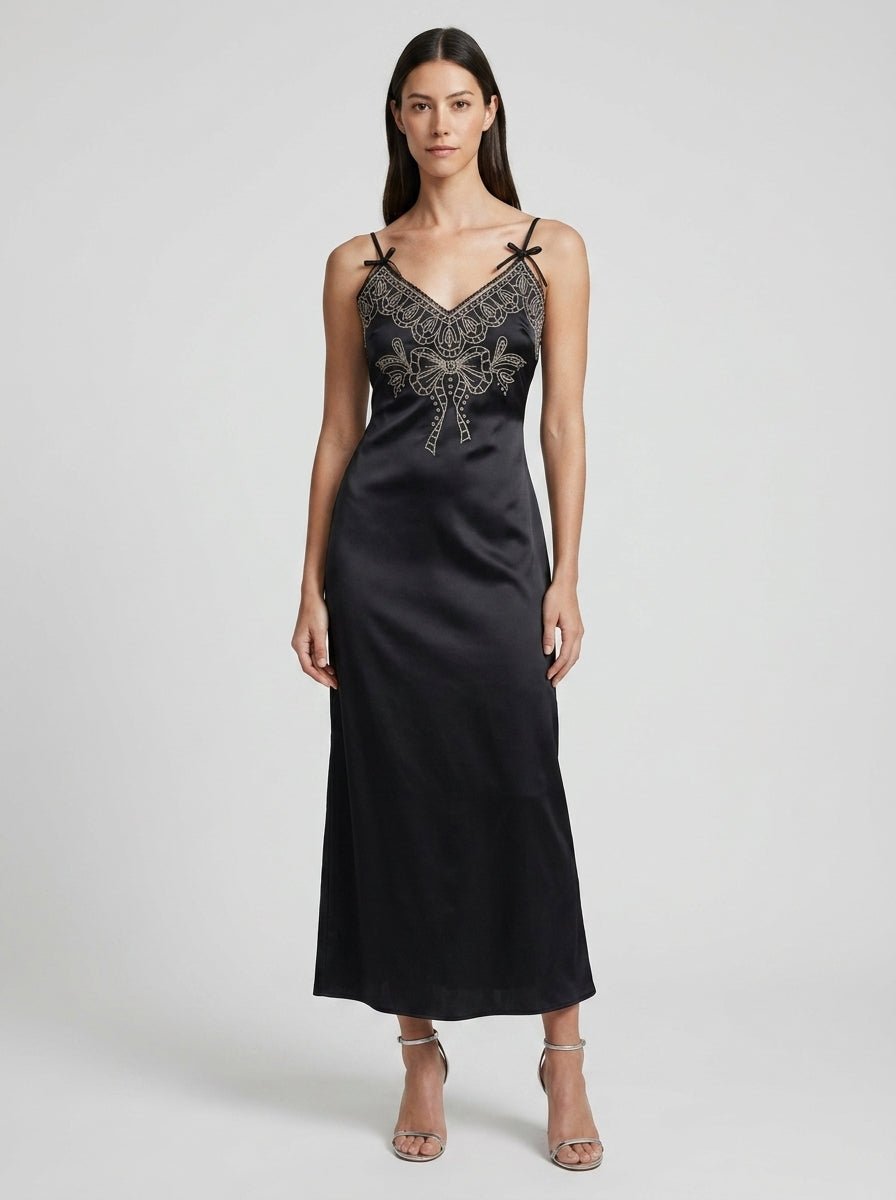 Mia | Classic Embroidered Cami Satin Midi Slit Dress - HoneyvineDress