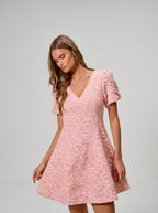 Jill | Sweet Textured Floral Mini Dress Wedding Guest Look - HoneyvineDress