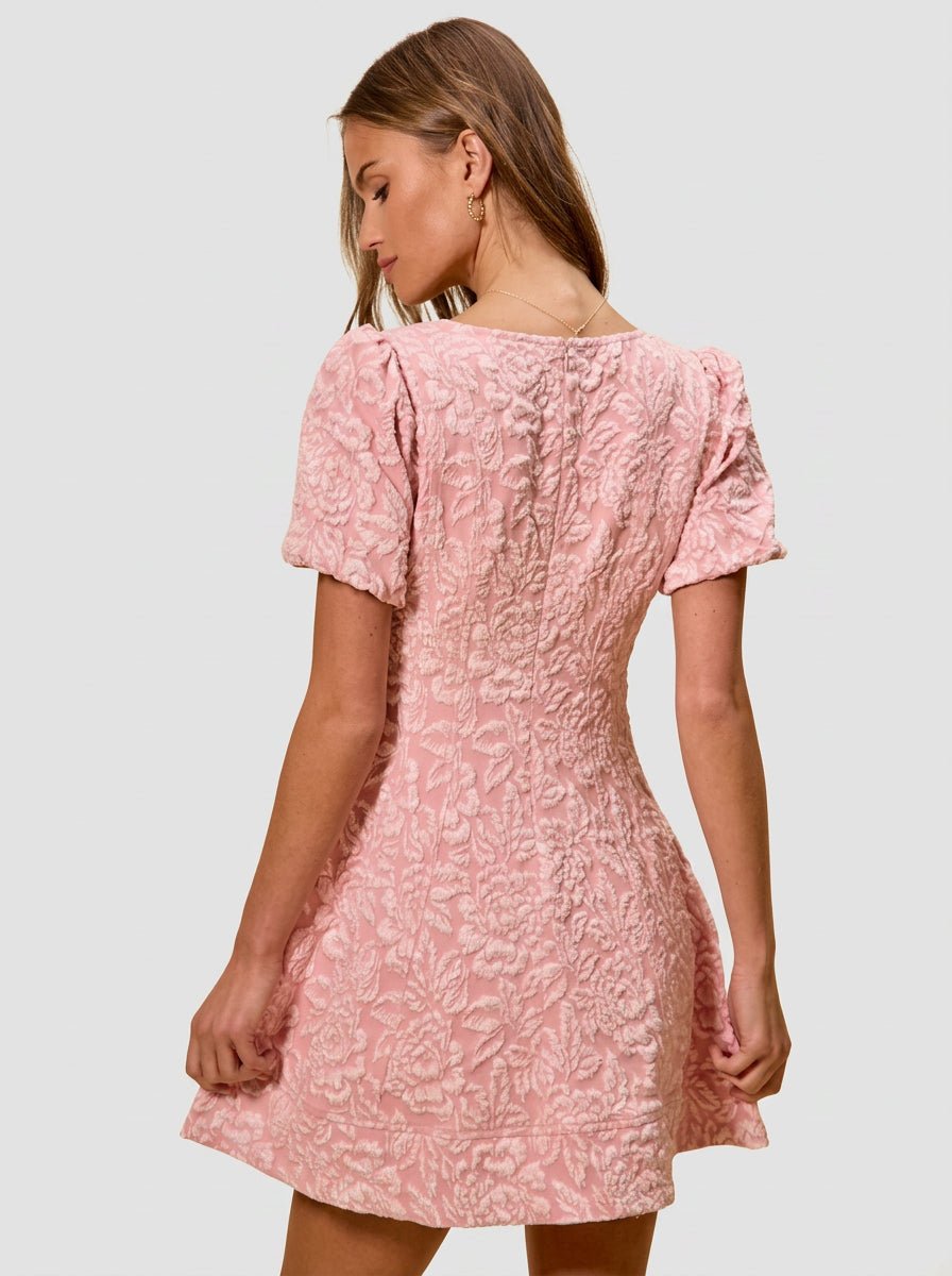 Jill | Sweet Textured Floral Mini Dress Wedding Guest Look - HoneyvineDress