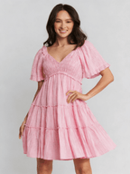 Victoria | Feminine Pink Stripe Babydoll Mini Dress - HoneyvineDress