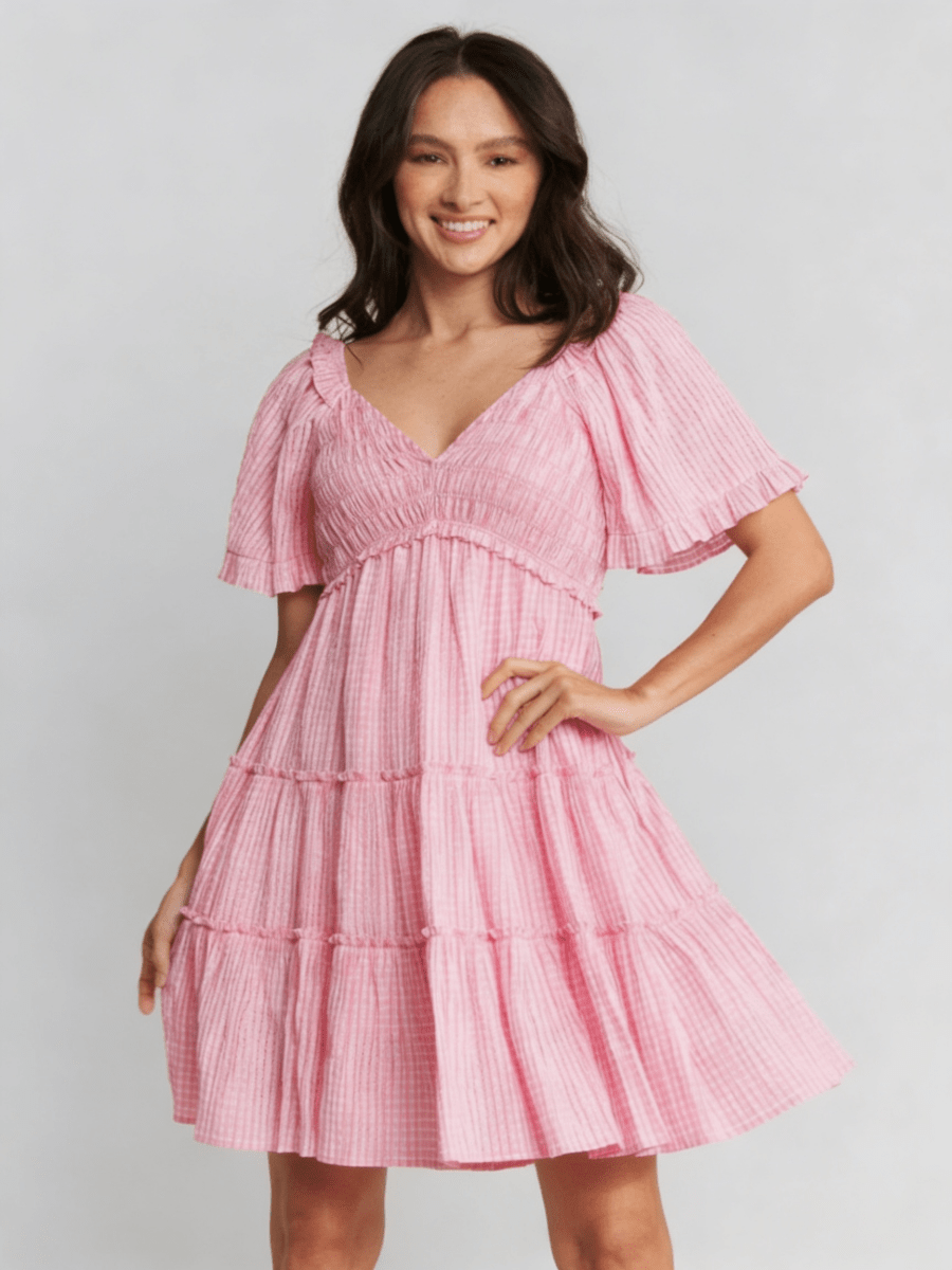 Victoria | Feminine Pink Stripe Babydoll Mini Dress - HoneyvineDress