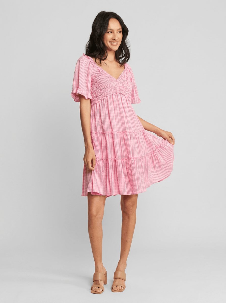 Victoria | Feminine Pink Stripe Babydoll Mini Dress - HoneyvineDress