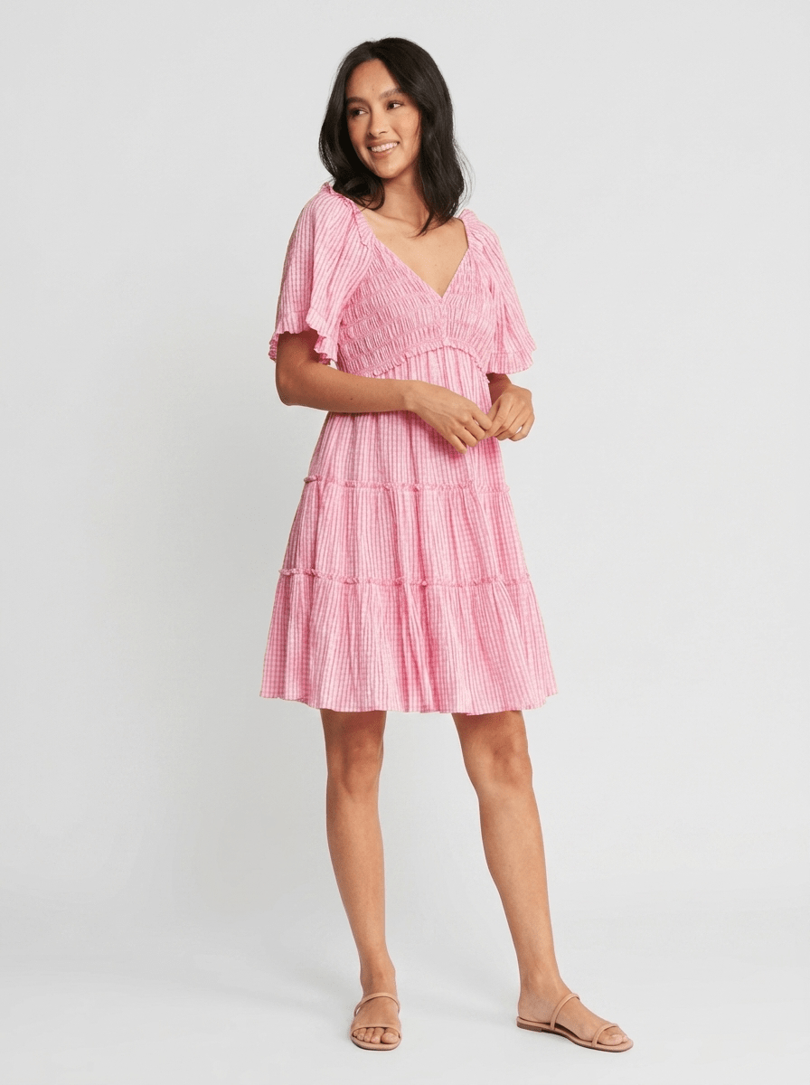 Victoria | Feminine Pink Stripe Babydoll Mini Dress - HoneyvineDress