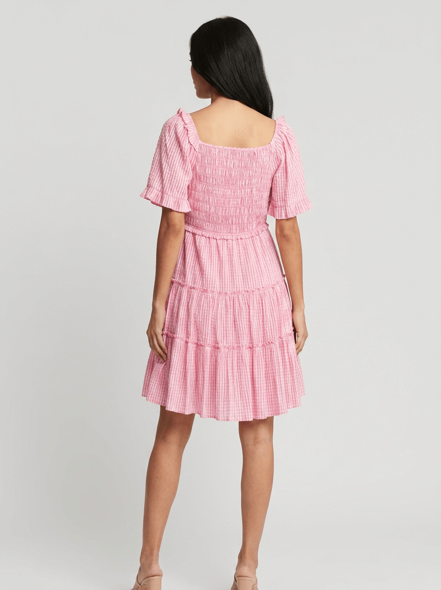 Victoria | Feminine Pink Stripe Babydoll Mini Dress - HoneyvineDress