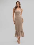 Penelope | Ruffled Hem Sleeveless Crochet Knit Midi Dress - HoneyvineDress