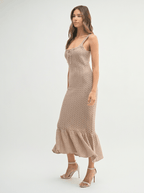 Penelope | Ruffled Hem Sleeveless Crochet Knit Midi Dress - HoneyvineDress