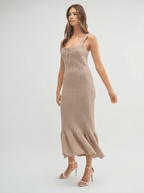 Penelope | Ruffled Hem Sleeveless Crochet Knit Midi Dress - HoneyvineDress