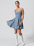 Genevieve | Trendy A Line Cotton Denim Mini Dress - HoneyvineDress