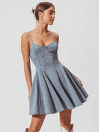 Genevieve | Trendy A Line Cotton Denim Mini Dress - HoneyvineDress