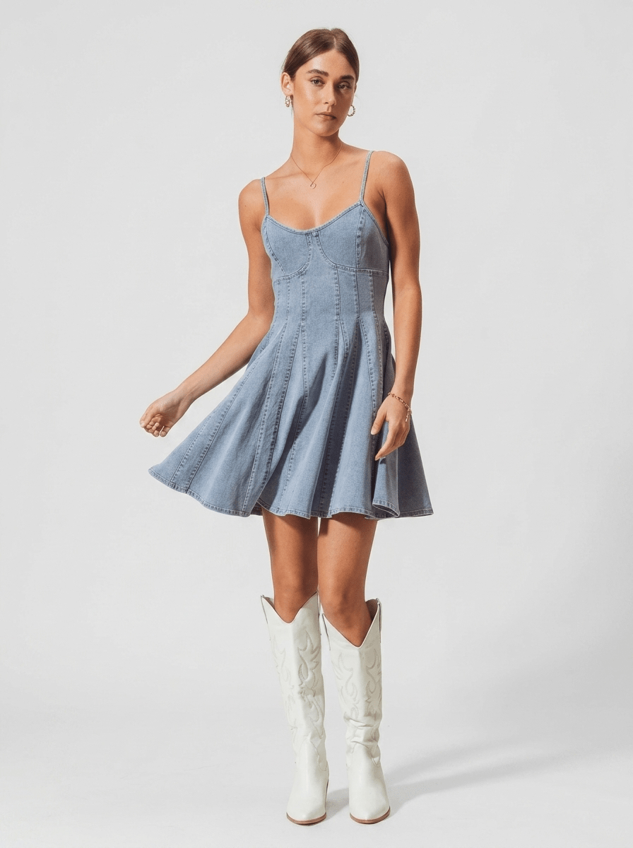 Genevieve | Trendy A Line Cotton Denim Mini Dress - HoneyvineDress