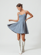 Genevieve | Trendy A Line Cotton Denim Mini Dress - HoneyvineDress