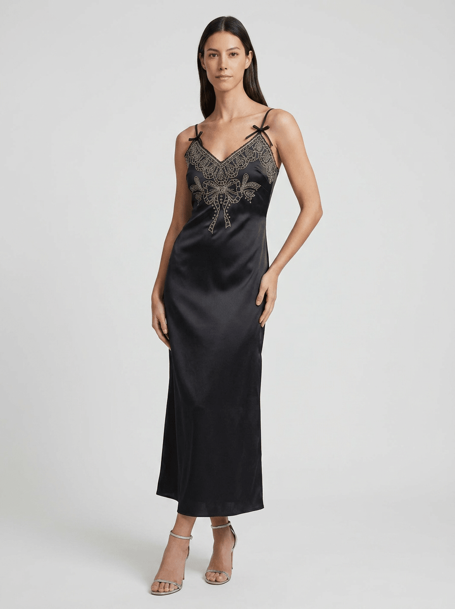 Mia | Classic Embroidered Cami Satin Midi Slit Dress - HoneyvineDress