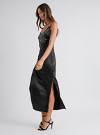 Mia | Classic Embroidered Cami Satin Midi Slit Dress - HoneyvineDress