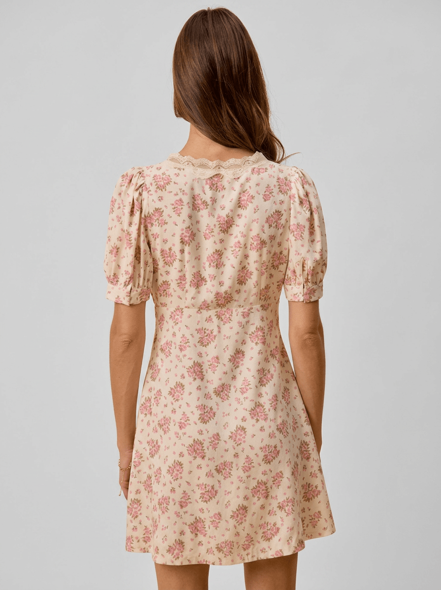 Georgette | Dreamy Cotton Lace Trimed Short Sleeves Mini Dress - HoneyvineDress