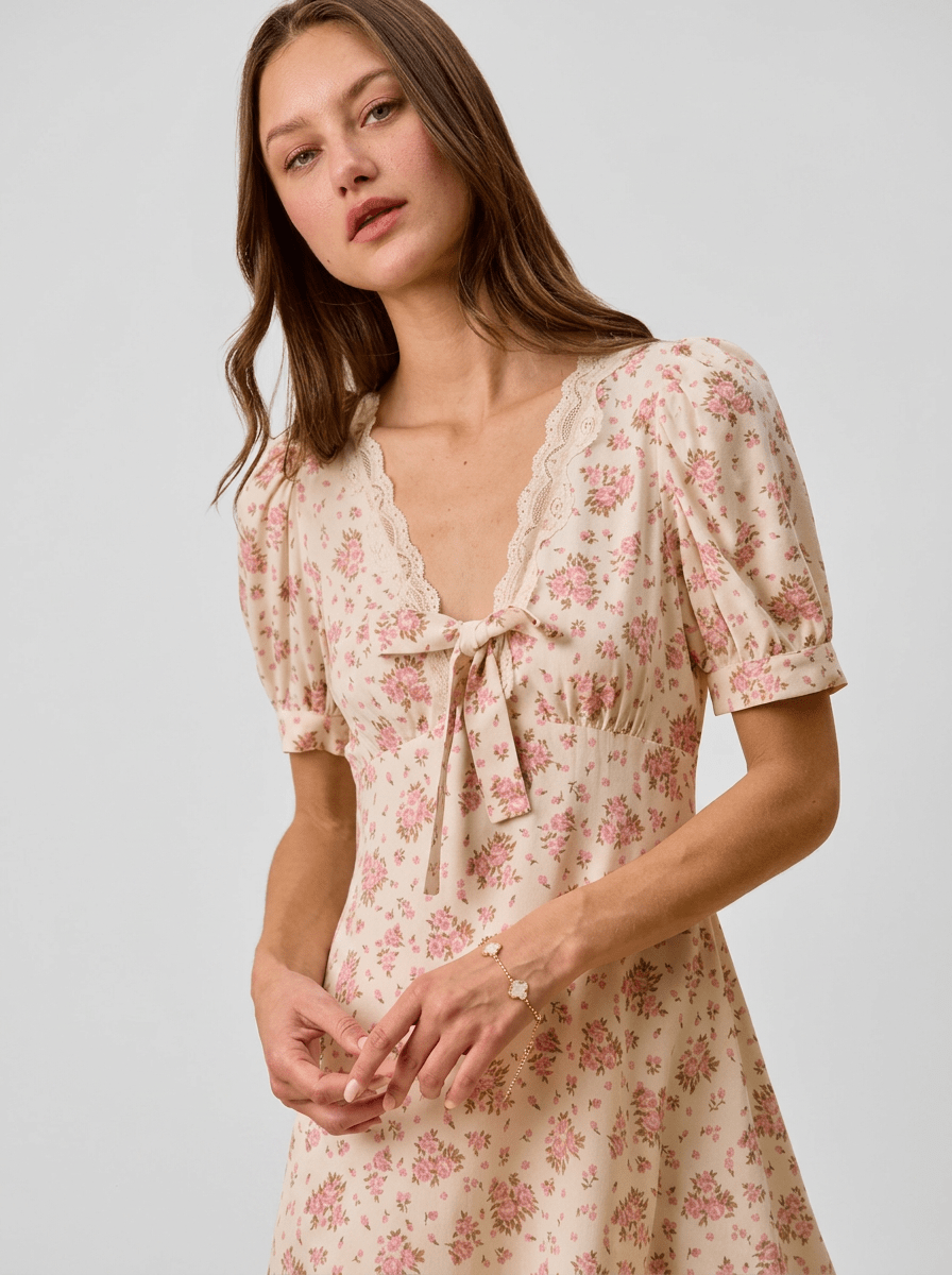 Georgette | Dreamy Cotton Lace Trimed Short Sleeves Mini Dress - HoneyvineDress