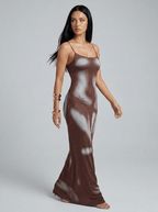 Marie | Bold Printed Satin Maxi Summer Resort Dress - HoneyvineDress