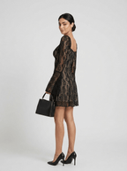 Hailey | Dramatic Sheer Black Floral Lace Gothic Mini Dress - HoneyvineDress