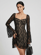 Hailey | Dramatic Sheer Black Floral Lace Gothic Mini Dress - HoneyvineDress