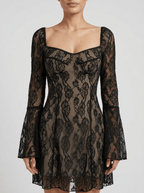 Hailey | Dramatic Sheer Black Floral Lace Gothic Mini Dress - HoneyvineDress