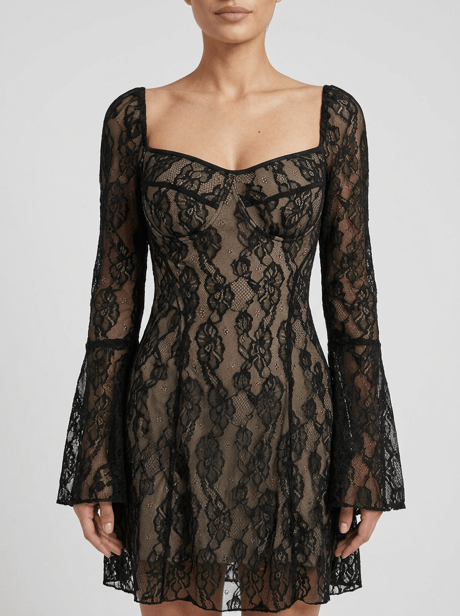 Hailey | Dramatic Sheer Black Floral Lace Gothic Mini Dress - HoneyvineDress