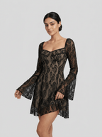 Hailey | Dramatic Sheer Black Floral Lace Gothic Mini Dress - HoneyvineDress
