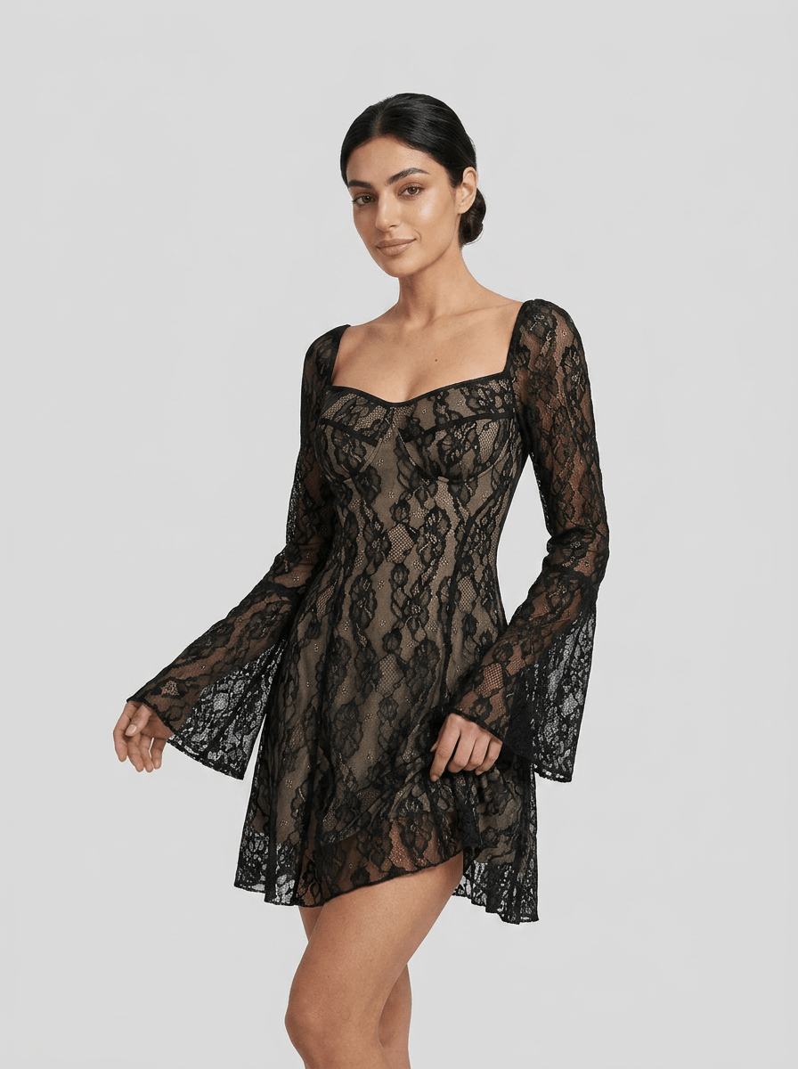 Hailey | Dramatic Sheer Black Floral Lace Gothic Mini Dress - HoneyvineDress