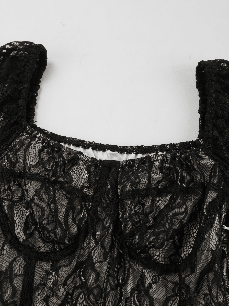 Hailey | Dramatic Sheer Black Floral Lace Gothic Mini Dress - HoneyvineDress