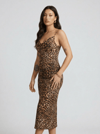Darcy | Dramatic Leopard Spaghetti Strap Midi Dress - HoneyvineDress