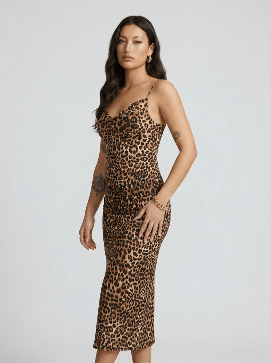 Darcy | Dramatic Leopard Spaghetti Strap Midi Dress - HoneyvineDress