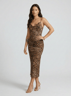 Darcy | Dramatic Leopard Spaghetti Strap Midi Dress - HoneyvineDress