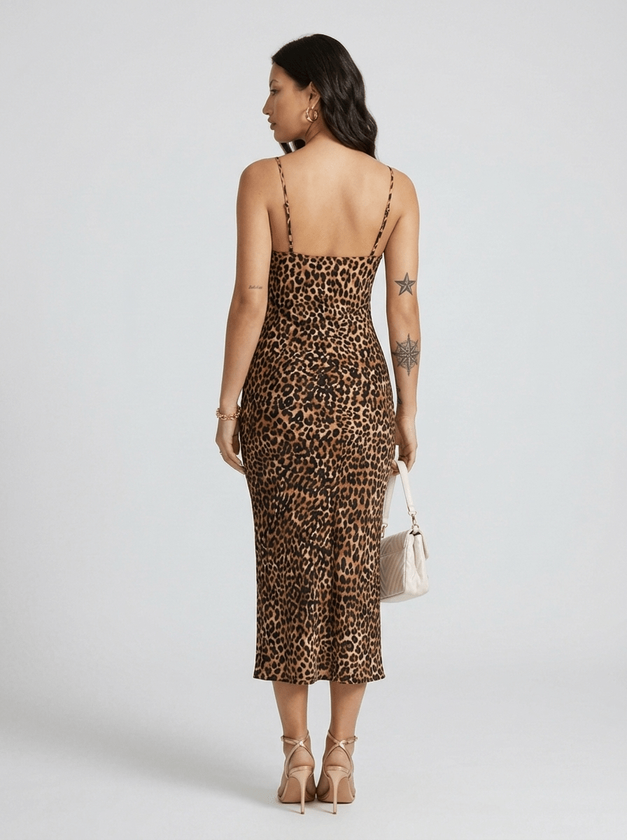 Darcy | Dramatic Leopard Spaghetti Strap Midi Dress - HoneyvineDress