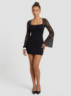 Elia | Chic Black Mini Dress with Lace Flare Sleeves - HoneyvineDress