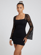Elia | Chic Black Mini Dress with Lace Flare Sleeves - HoneyvineDress