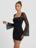Elia | Chic Black Mini Dress with Lace Flare Sleeves - HoneyvineDress