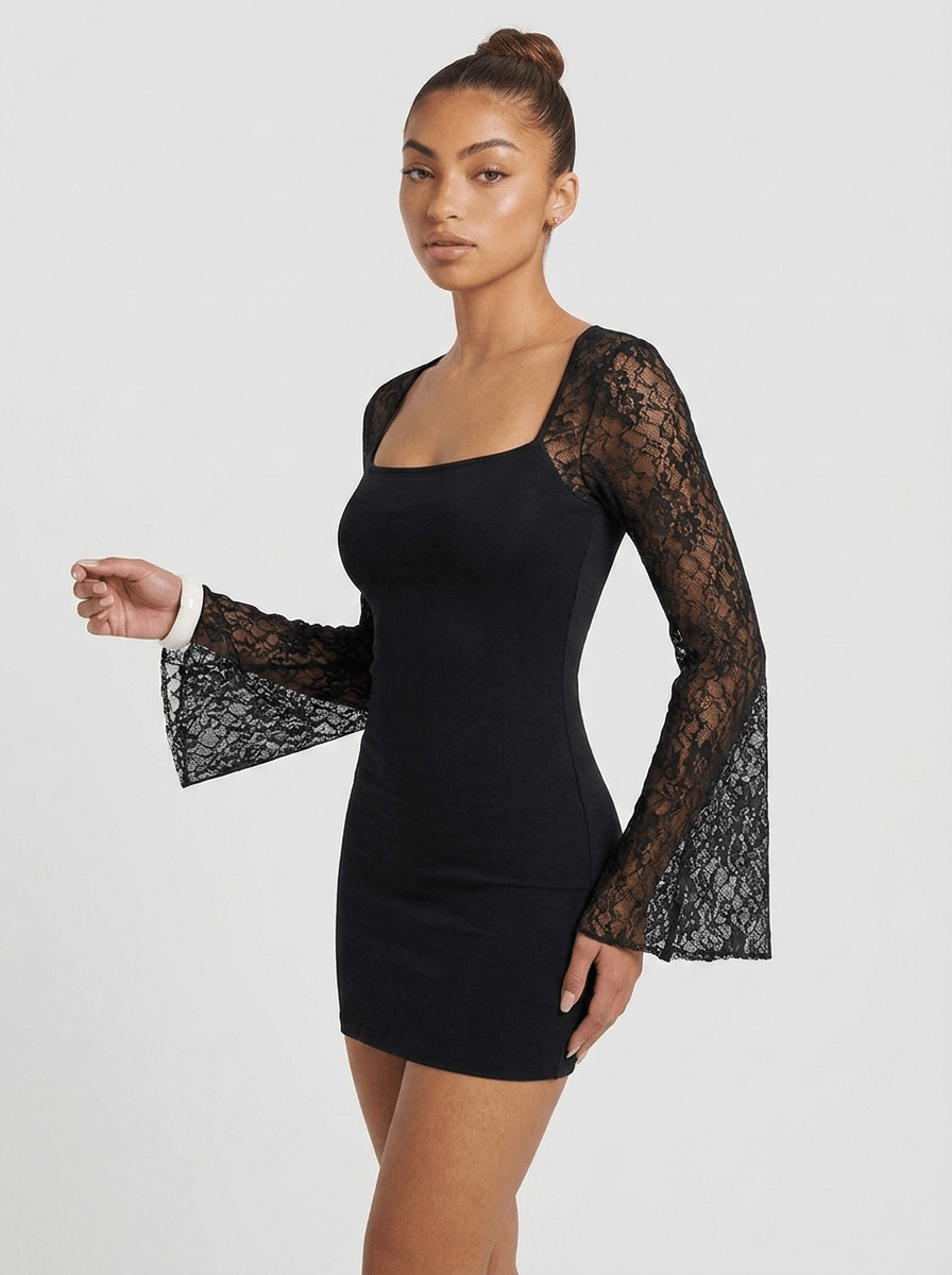 Elia | Chic Black Mini Dress with Lace Flare Sleeves - HoneyvineDress