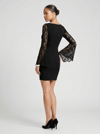 Elia | Chic Black Mini Dress with Lace Flare Sleeves - HoneyvineDress