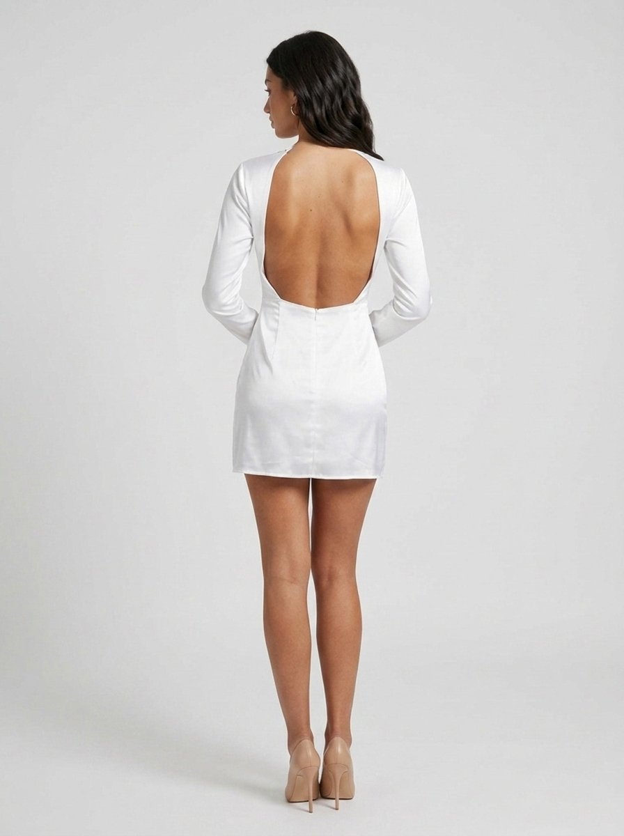 Amelia | Glamorous Satin Long Sleeve Formal Mini Dress - HoneyvineDress