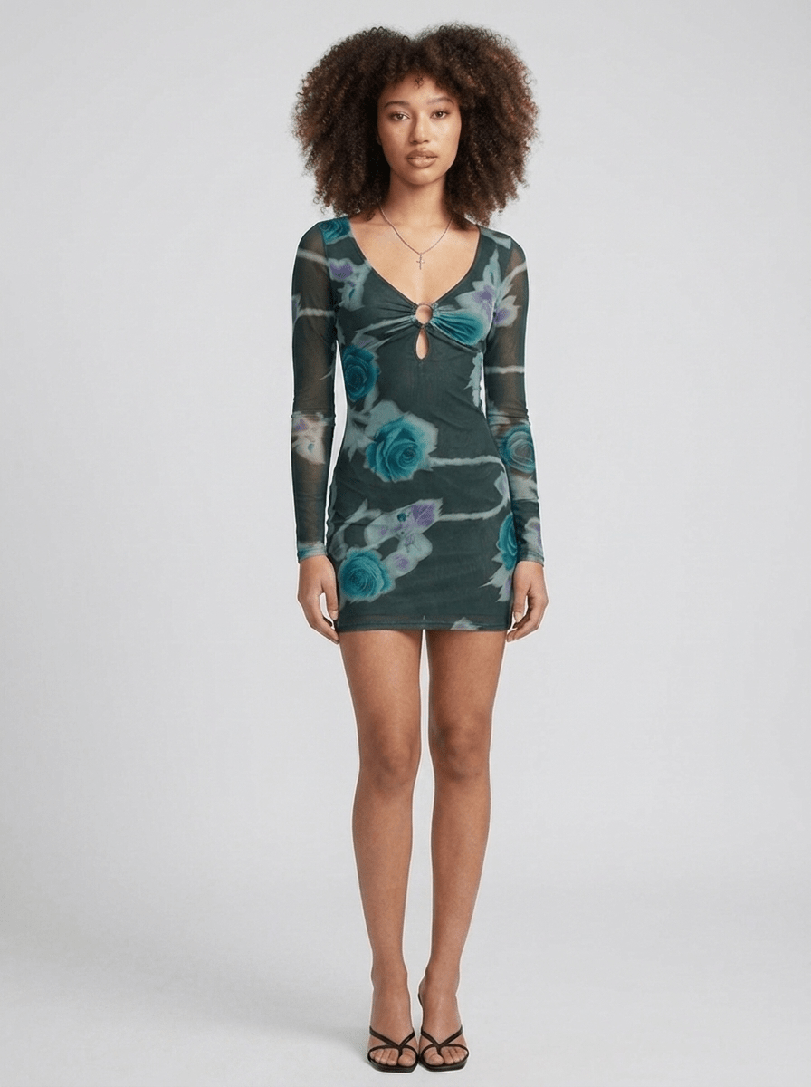 Valentina | Unique Floral Mesh Summer Mini Dress - HoneyvineDress