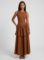Haven | Elegant Brown Pleated Maxi Dress - HoneyvineDress