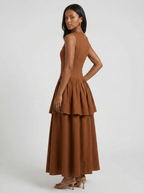 Haven | Elegant Brown Pleated Maxi Dress - HoneyvineDress