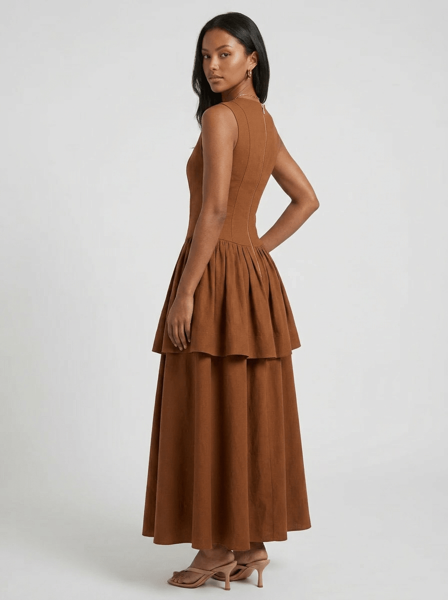 Haven | Elegant Brown Pleated Maxi Dress - HoneyvineDress