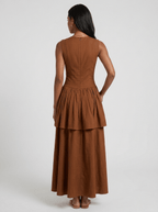 Haven | Elegant Brown Pleated Maxi Dress - HoneyvineDress