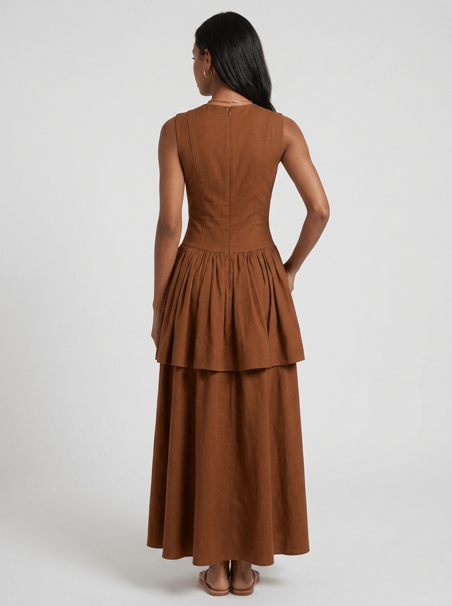Haven | Elegant Brown Pleated Maxi Dress - HoneyvineDress