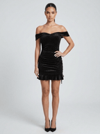 Penelope | Glamorous Glitter Velvet Ruched Prom Dress - HoneyvineDress