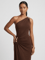 Angela | Iconic Ruched Formal Midi Dress – Gold Hardware - HoneyvineDress