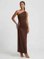 Angela | Iconic Ruched Formal Midi Dress – Gold Hardware - HoneyvineDress