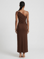 Angela | Iconic Ruched Formal Midi Dress – Gold Hardware - HoneyvineDress